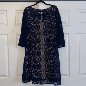 Navy Lace and nude lined flutter sleeve dress